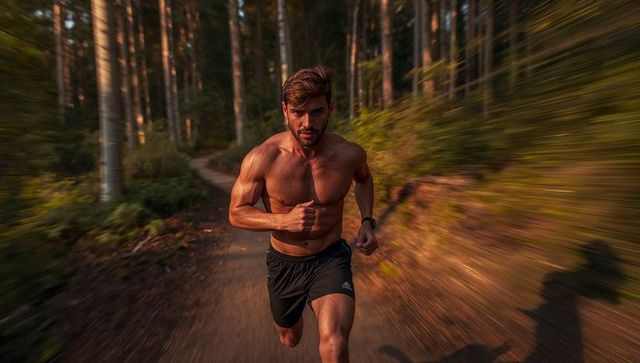Shirtless male runner sprinting on forest trail at golden hour, muscular athlete