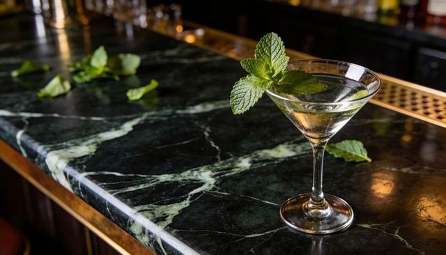 Martini featuring fresh mint on green marble bar top, luxurious cocktail close-up
