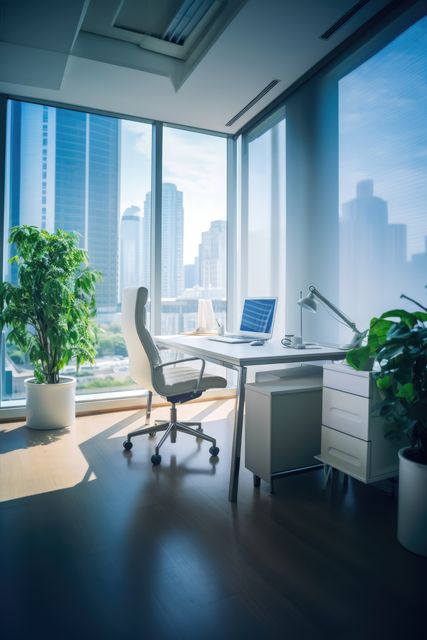 Ideal for use in business articles, blogs on office setups, corporate presentations, or advertisements of office furniture. Highlights a contemporary workspace enhanced by natural light and a panoramic cityscape. The setting demonstrates a professional yet refreshing environment with ergonomic furniture and greenery, perfect for illustrating modern corporate aesthetics.