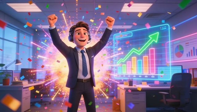 Businessman celebrating success with headset and confetti alongside holographic growth chart
