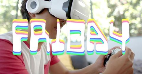 Young man playing virtual reality with gamepad on couch and friday neon overlay