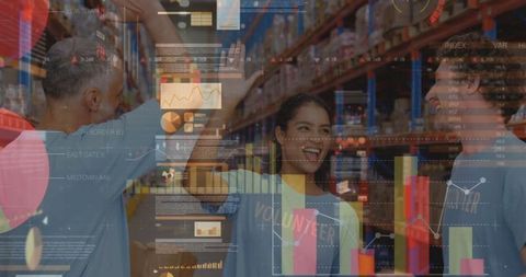Volunteers High-Fiving Amid Data Overlays in Warehouse - Download Free Stock Images Pikwizard.com