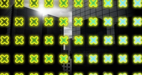 Digital crosses animation above urban skyline background