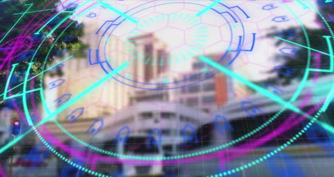 Futuristic Digital Interface Over Urban Landscape