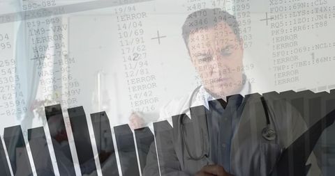 Doctor analyzing error data with digital bar graphs in modern office