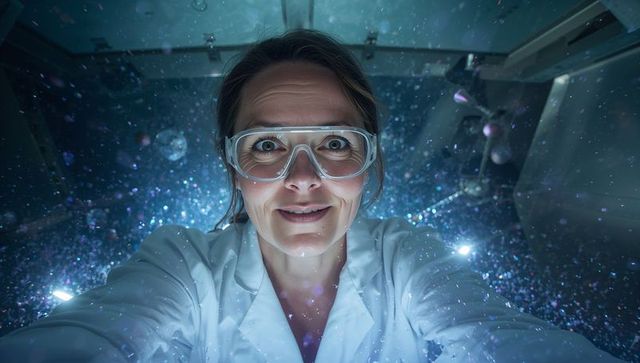 Laboratory scientist peering into particle chamber with blue glow and safety goggles