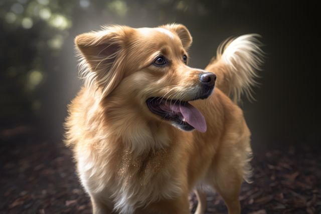 Close up of beige dog sticking tongue out in forest created using generative ai technology. Animals, dog and pet concept digitally generated image.