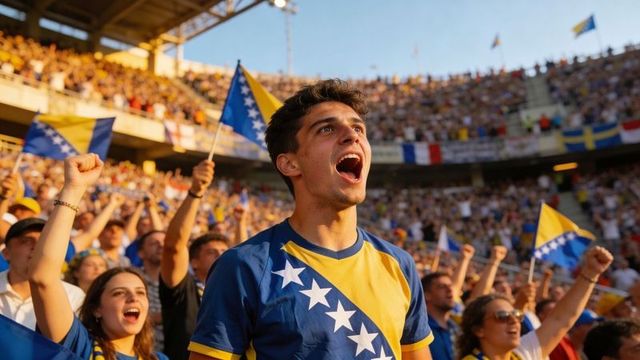 Cheering bosnian fans celebrating victory in sunlit stadium with flags and star sash