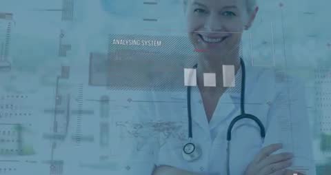 Smiling Doctor with Digital Health Analysis and Progress Bars