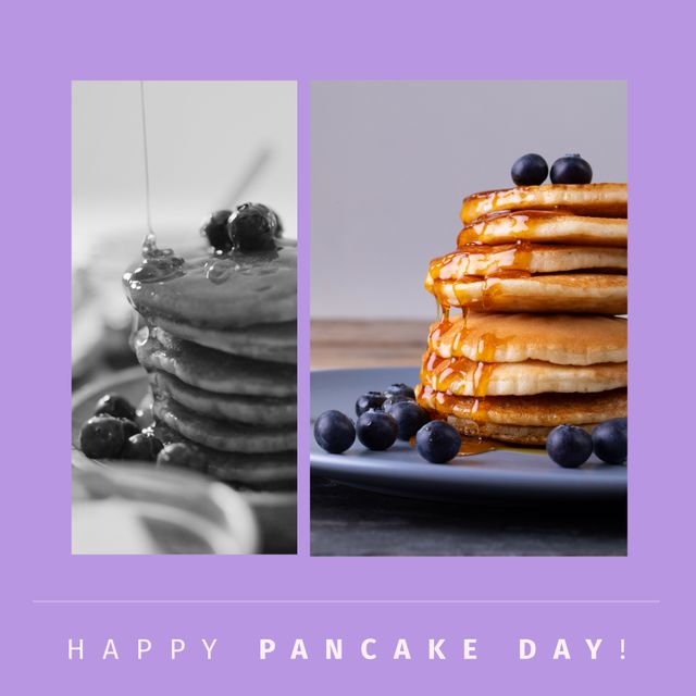 Image of pancakes with berries on plate over purple background. Breakfast food, dessert, snacks and sweets concept.