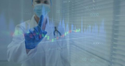 Doctor pointing at holographic financial charts visualizing healthcare data analytics