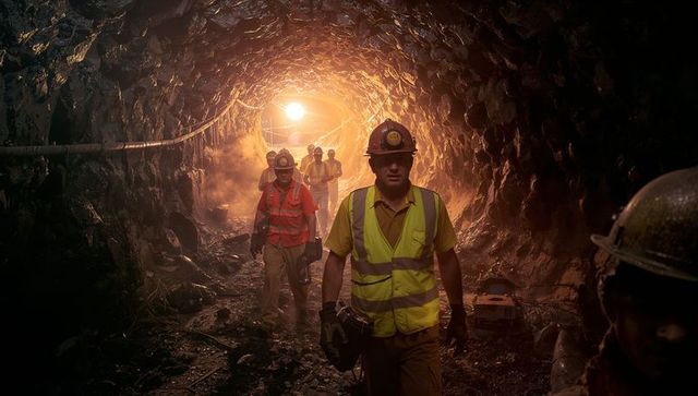 Hispanic miners walking through rugged tunnel with backlighting