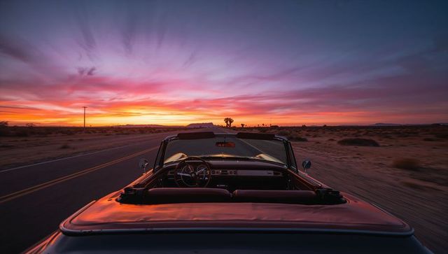Classic Red Convertible Cruising Desert Highway into Vivid Sunset Sky for Retro Road Trip