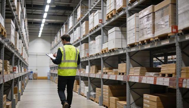 Warehouse worker inspecting pallet racks, wearing hi-vis vest and holding clipboard