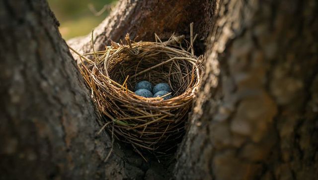 Cradling woven bird nest holding three speckled blue eggs in tree crotch with warm light