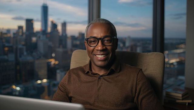 Smiling professional working in high-rise home office with city skyline at dusk