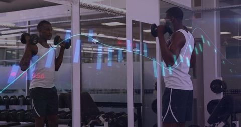 Lifting Dumbbells in Mirror with Digital Data Overlay for Smart Gym Strength Training