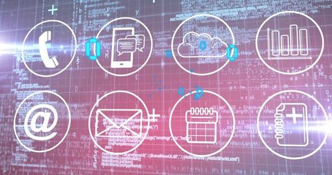 Digital Interface with Communication and Security Icons Over Code
