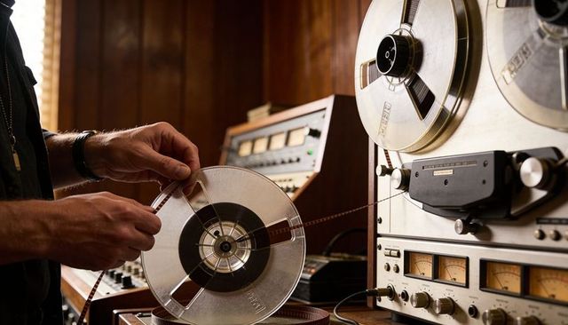 Threading vintage reel-to-reel tape, hands operating analog deck in warm studio