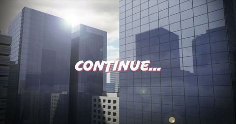 Continue screen with modern cityscape background
