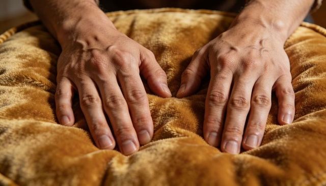 Pressing hands into tufted golden velvet cushion conveying texture and cozy comfort