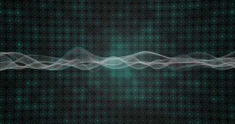 Pulsing dotted waveform mesh crossing teal circular grid for data visualization