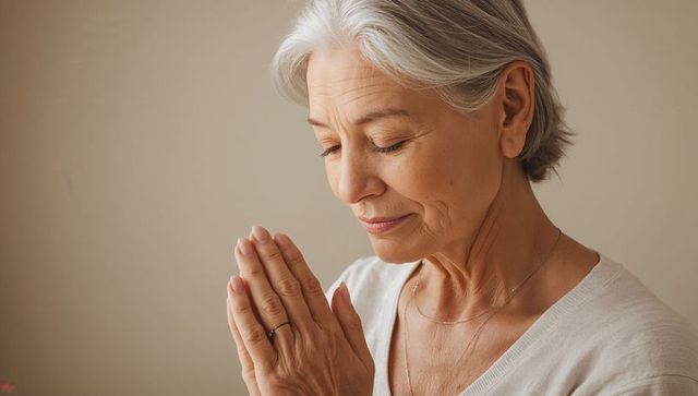 Senior woman praying with palms together showing calm reflection and peaceful mindfulness