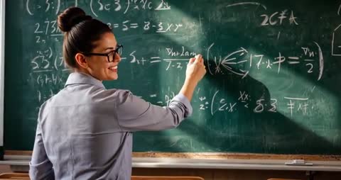 Confident Teacher Explains Complex Algebra on Classroom Chalkboard
