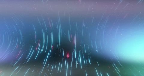 Racing neon warp tunnel streaming cyan and magenta light trails around dark triangle