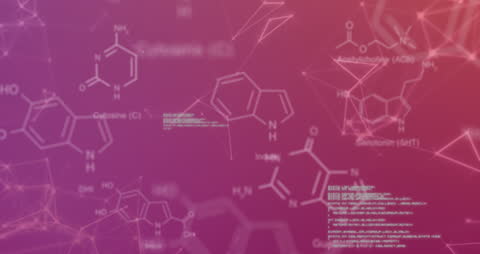 Chemical Formulas and Data on Purple Digital Network Background