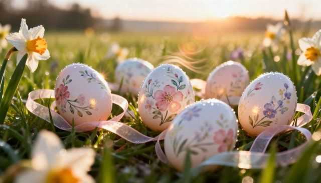 Handpainted floral easter eggs on dewy grass with daffodils and ribbon at golden hour