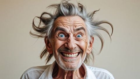 cheerful senior man with distinctively crazy wild hair and vibrant blue eyes. his energetic and expressive face creates a joyful portrait ideal for illustrating concepts of vitality in old age, reclamation of youth, mental acuity, or distinct characters. perfect for advertisements, retirement stories, or social campaigns about senior health and active aging.