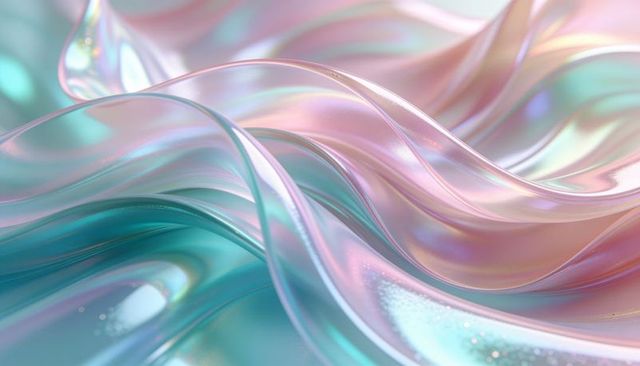 Iridescent pastel ribbons flowing in glossy liquid waves with glitter bokeh texture