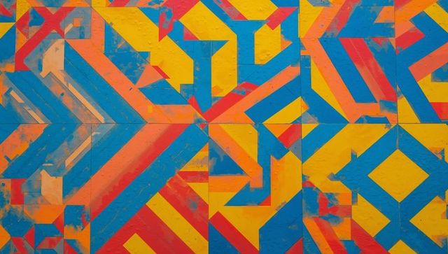 Vibrant Geometric Mural Featuring Tessellated Chevron, Arrows and Diamond Panels