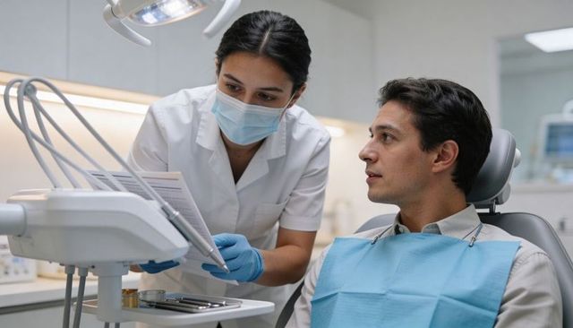 Dental professional explaining treatment plan to male patient in modern clinic
