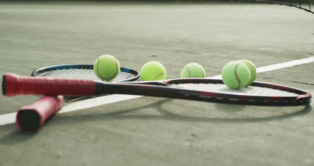 Image of tennis rackets and balls lying on court. Sport, professional tennis training and tennis equipment concept.