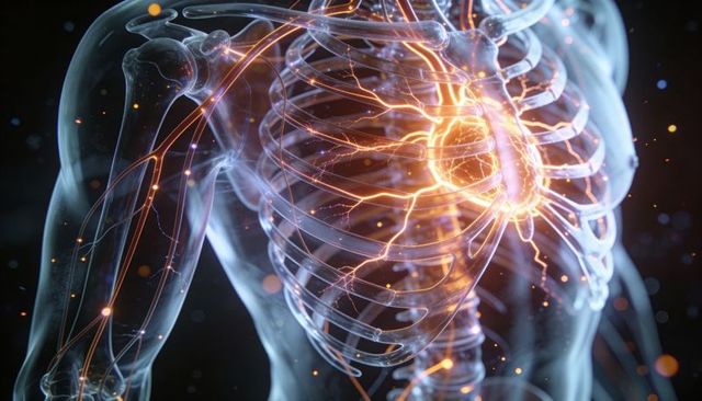 Transparent torso with glowing heart and neural filaments 3d medical illustration
