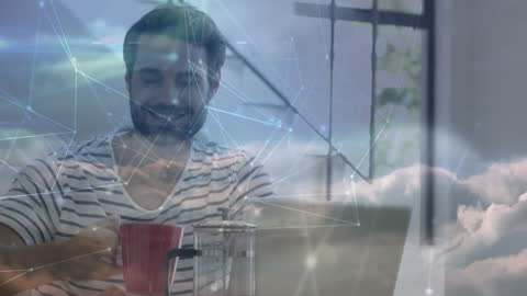 Man Enjoying Coffee Amid Digital Network and Sky Imagery