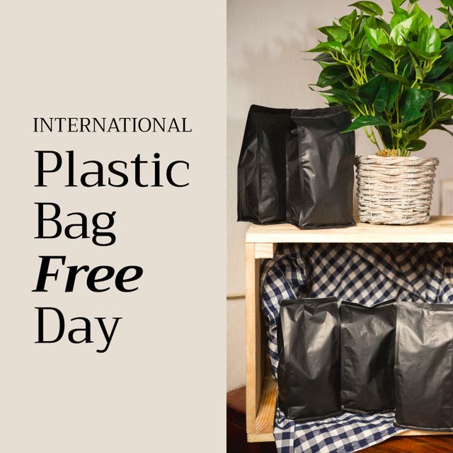 International Plastic Bag Free Day with Black Paper Bags and Potted Plant - Download Free Stock Templates Pikwizard.com