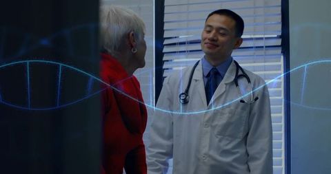 Doctor and patient discuss genetic insights with dna visualization overlay