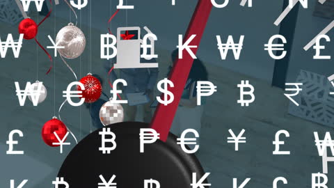 Christmas Decorations and Currency Symbols in Digital Office Setting
