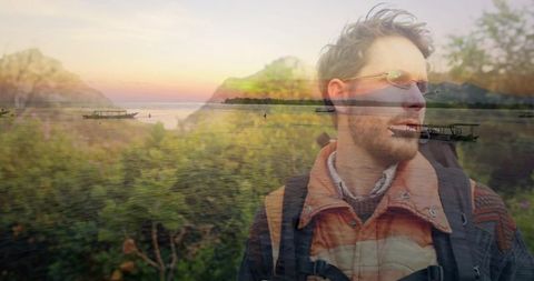 Traveler with Backpack Enjoying Serene Lakeside Sunset