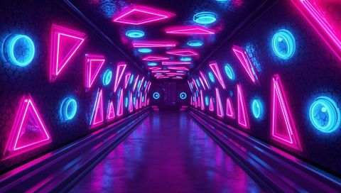 Neon geometric corridor with pink triangles and cyan rings, futuristic cyberpunk tunnel