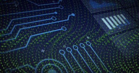 Futuristic Circuit Board Interface with Binary Code Overlay