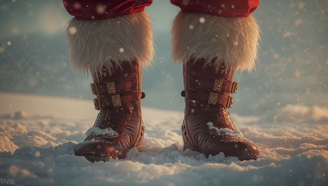 Stylish leather winter boots on snowy landscape with snowflakes