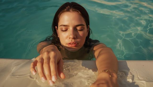 Relaxing young woman holding pool edge, sunlit turquoise water, gold bracelet