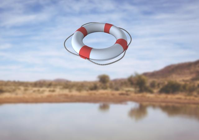 Digital composition of Life belt floating in air above a river