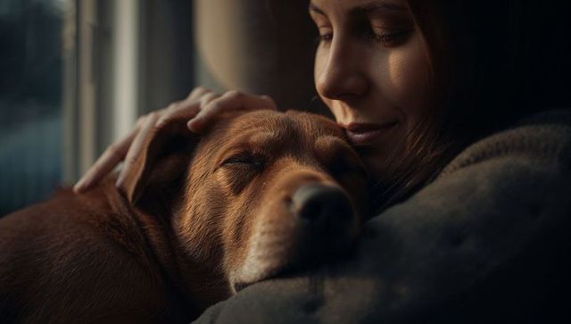 Woman cuddling sleeping brown short-haired dog by window, cozy intimate pet companionship