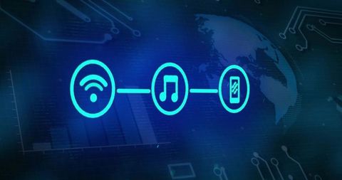 Neon ui icons connecting wi-fi, music streaming, smartphone on global digital interface