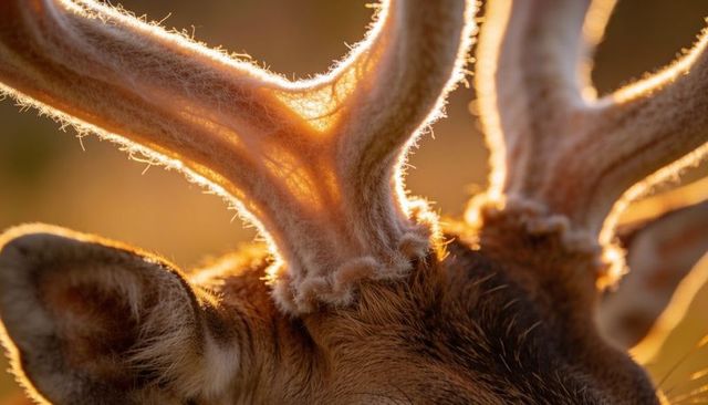 Stag antlers glowing in velvet closeup during golden hour backlight